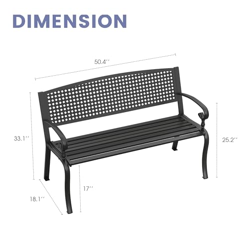 VICLLAX Outdoor Garden Bench, 50” Long Metal Patio Bench with Backrest and Armrests, Modern Slatted Black Park Bench for Front Porch, Lawn, Yard, Garden, Crossed Rhombic Back