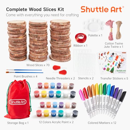Shuttle Art Natural Wood Slices 70 PCS 2.8-3.1 Inches Craft Wood Ornament Kit, Unfinished Predrilled Wooden Circles with Hole, Jute Twine, Acrylic Paint, Markers for DIY Decoration