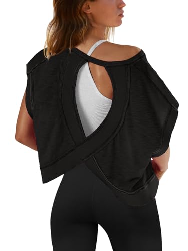 SENSERISE Womens Open Back Workout Tops Backless Short Sleeve Athletic Shirt Running Crop Top Gym Yoga Tee
