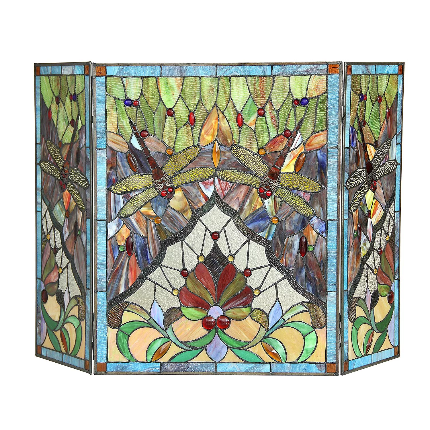 CH3F825DB44-GFS ANISOPTERA PURITY Tiffany-glass 3pcs Folding Dragonfly Fireplace Screen 44