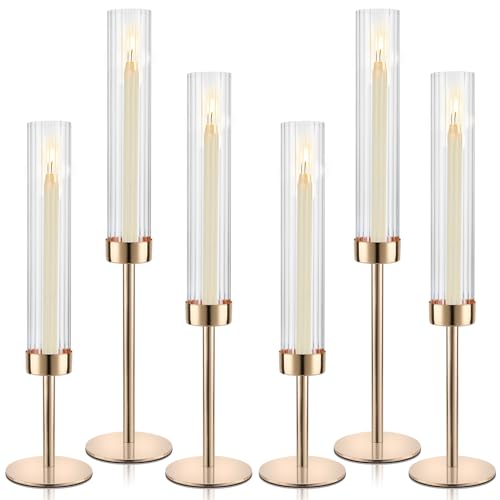 Black Hurricane Candle Holders, Set of 6 Glass Taper Candlestick Holders Metal Candle Stands Bulk with Ribbed Glass Cover for Dining Tables Wedding Candelabra Centerpieces Decor