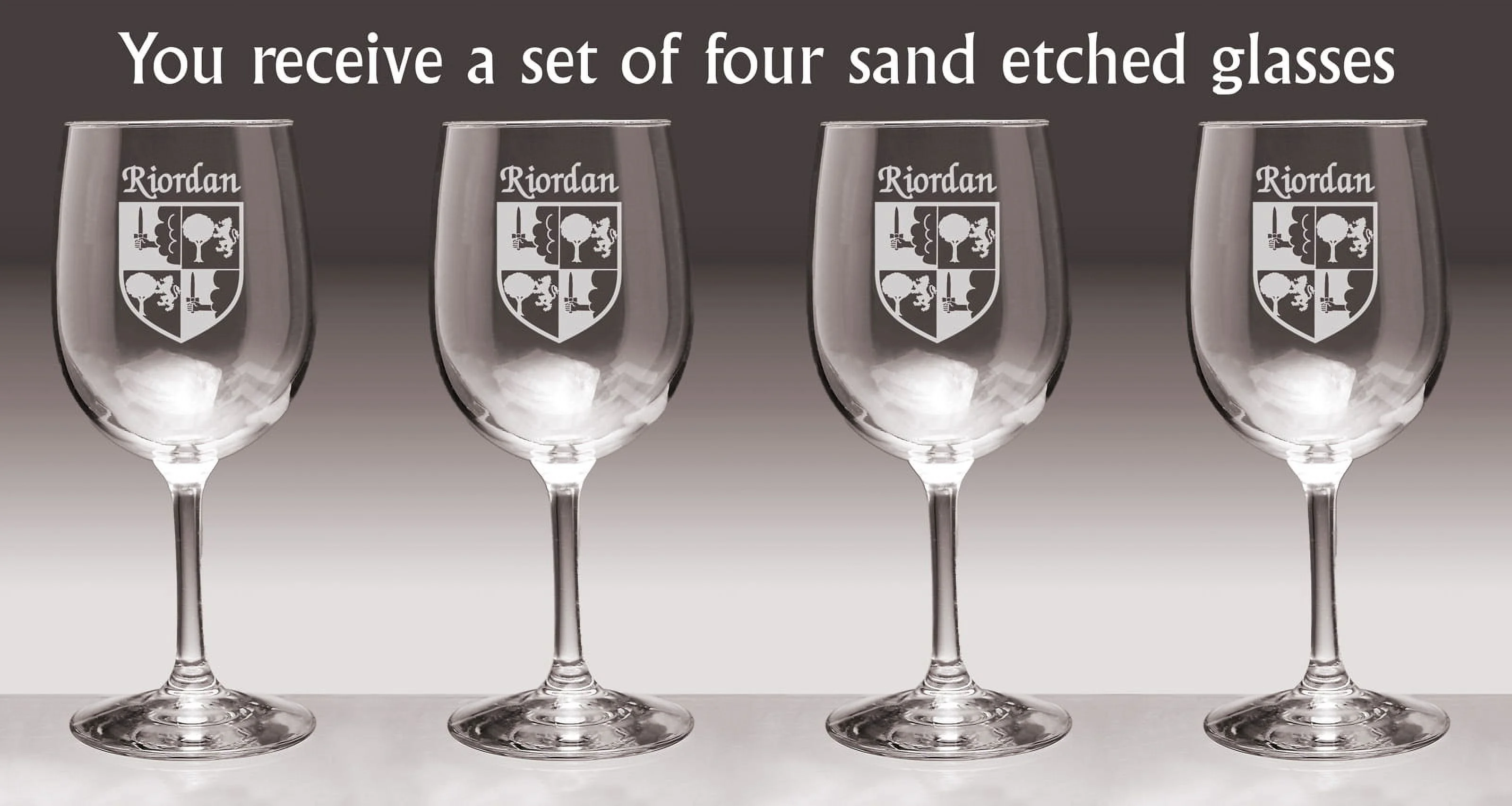 Riordan Irish Coat of Arms Wine Glasses - Set of 4 (Sand Etched)