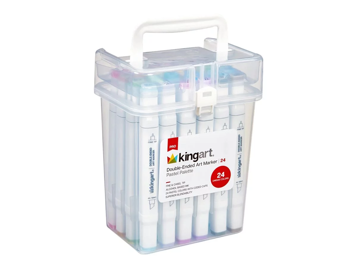 KINGART, Pastel Color Palette, Chisel & Fine Tip, Alcohol-Based Ink, Storage Case Double-Ended Sketch Markers, Assorted 24 Piece, (424-24B)