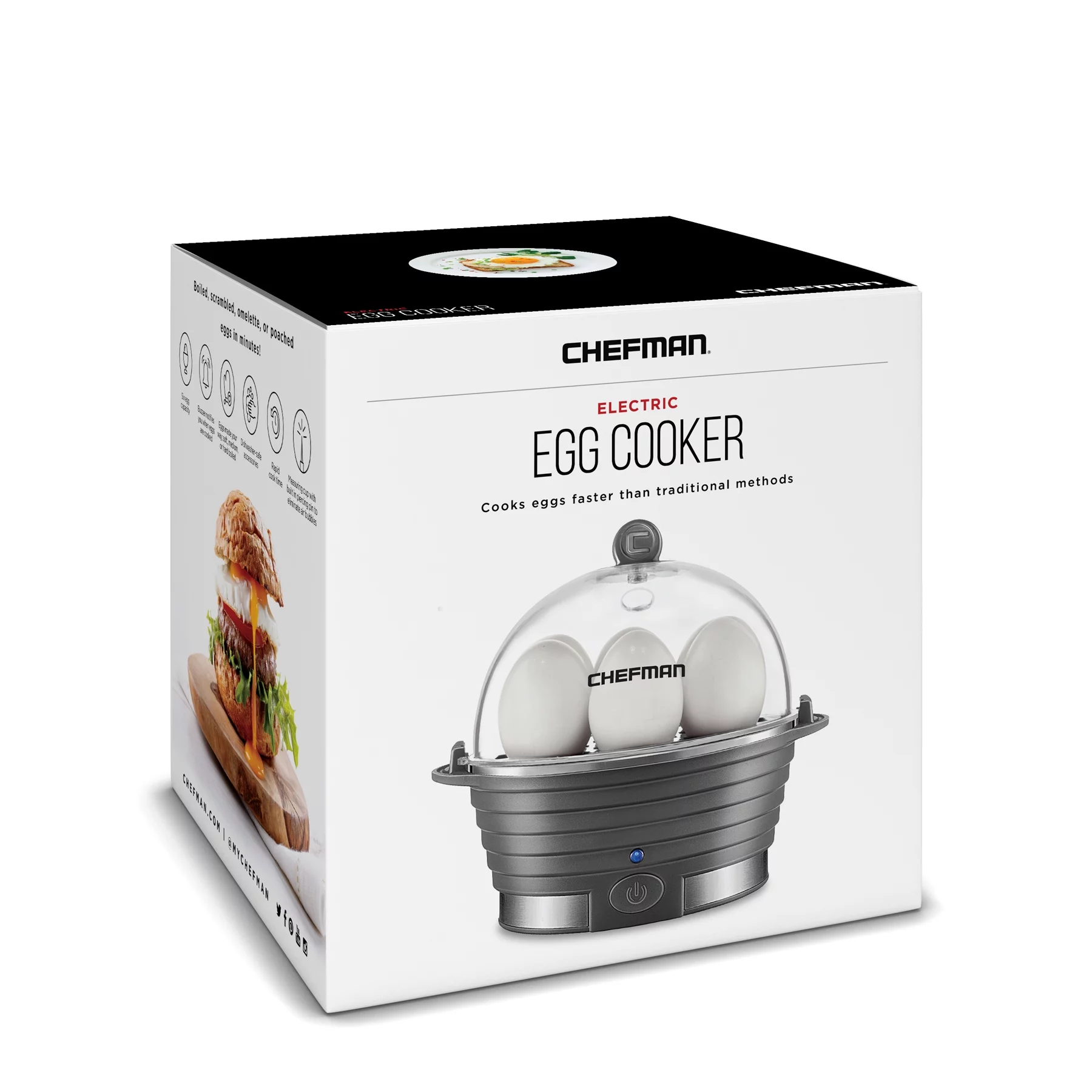 Chefman Electric Rapid Egg Cooker, Holds 6 Eggs, Poaching & Omelet Tray - Grey, New
