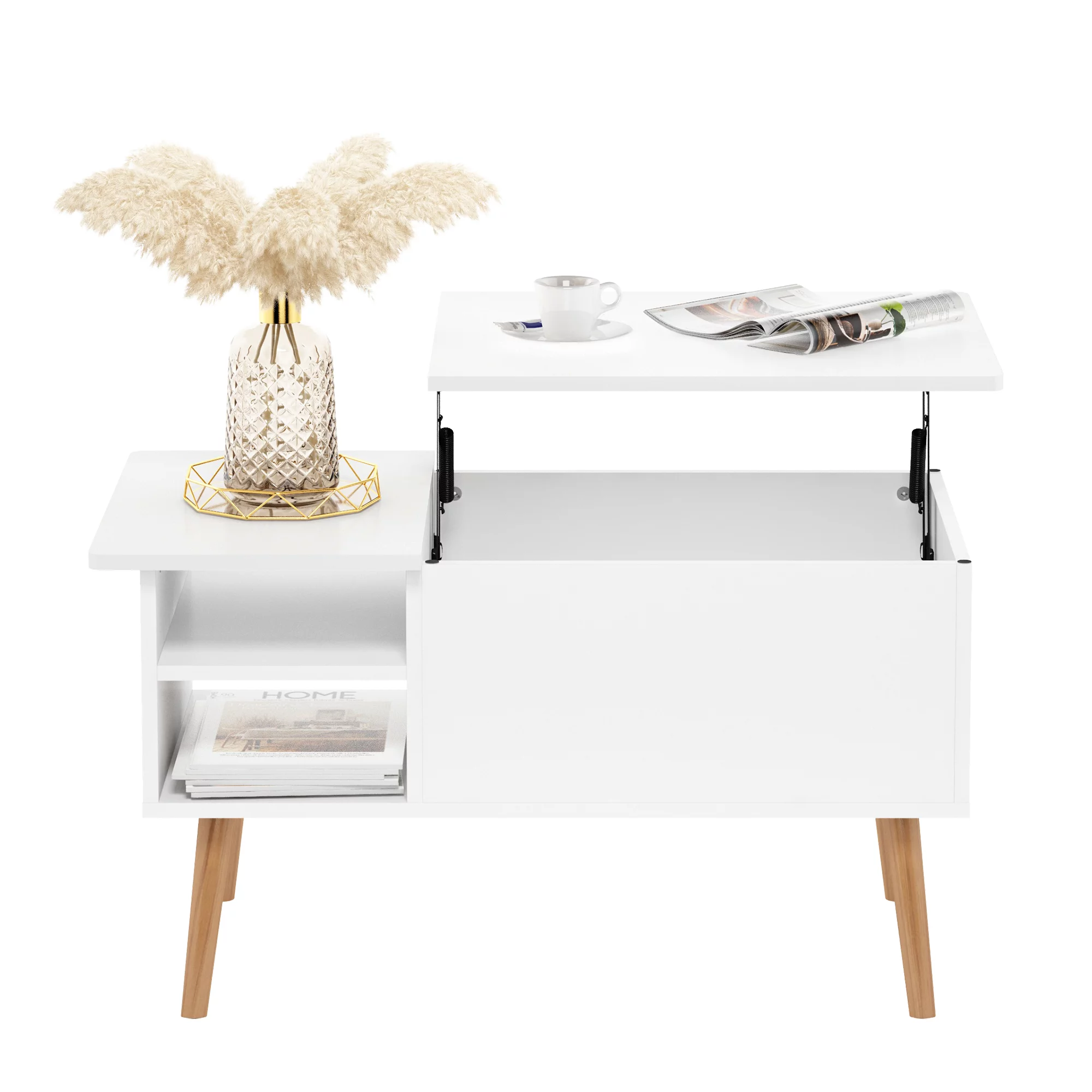 Furinno Jensen Lift Top Coffee Table With Wooden Leg, Solid White