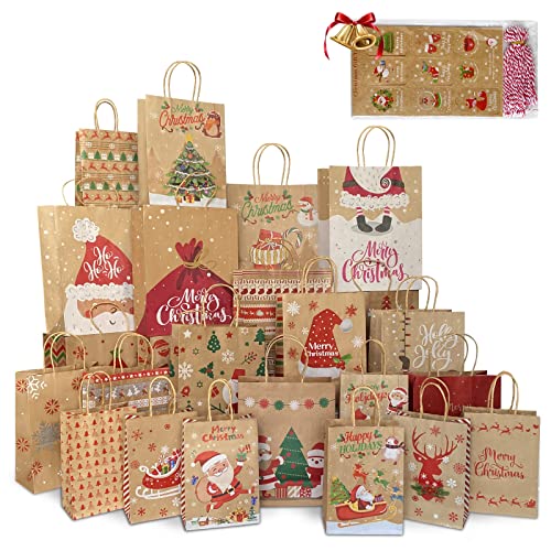 Christmas Gift Bags 24 Pack, Christmas Kraft Paper Bags Bulk with Handles 24 Styles, Assorted Sizes Bag Set with 50 Tags, Xmas Holiday Paper Bag & Goody Bags, Favor Bags (8 large, 8 Medium, 8 Small)
