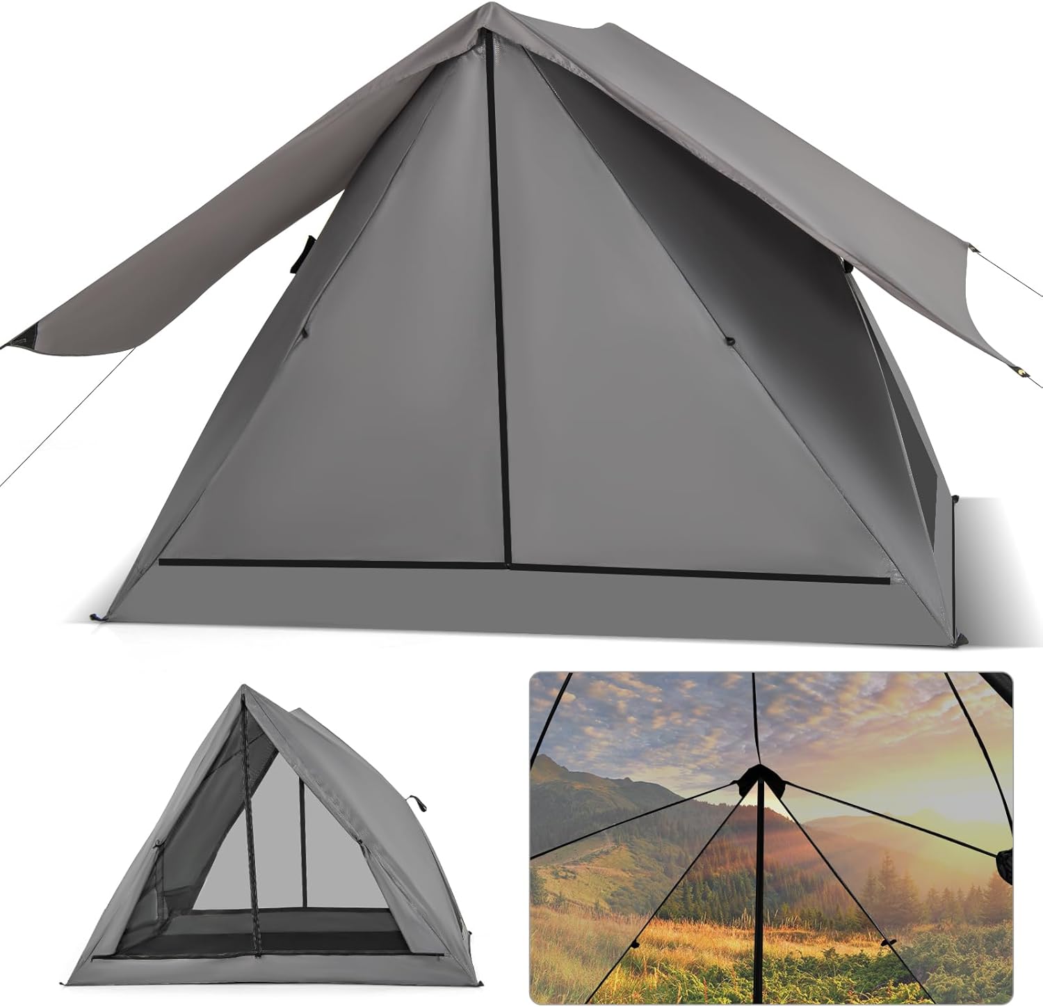 Tangkula Pop Up Camping Tent for 2-3 Person, 360° One-Way See-Through Backpacking Tent with Removable Rainfly, 2 Mesh Windows, 2 Zippered Doors, Carrying Bag, Portable Outdoor Family Tent for Camping