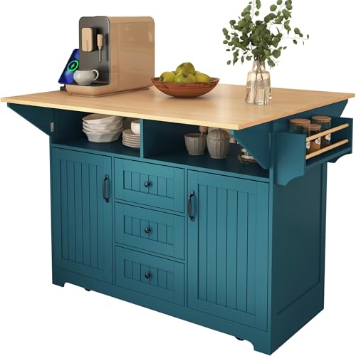 55.7'' Large Kitchen Island with 2 Drop Leaf, Rolling Kitchen Cart on 5 Wheels with Power Outlet, Folding Dining Table with Spice & Towel Rack, 3 Drawers, for Kitchen, Dining Room,Black