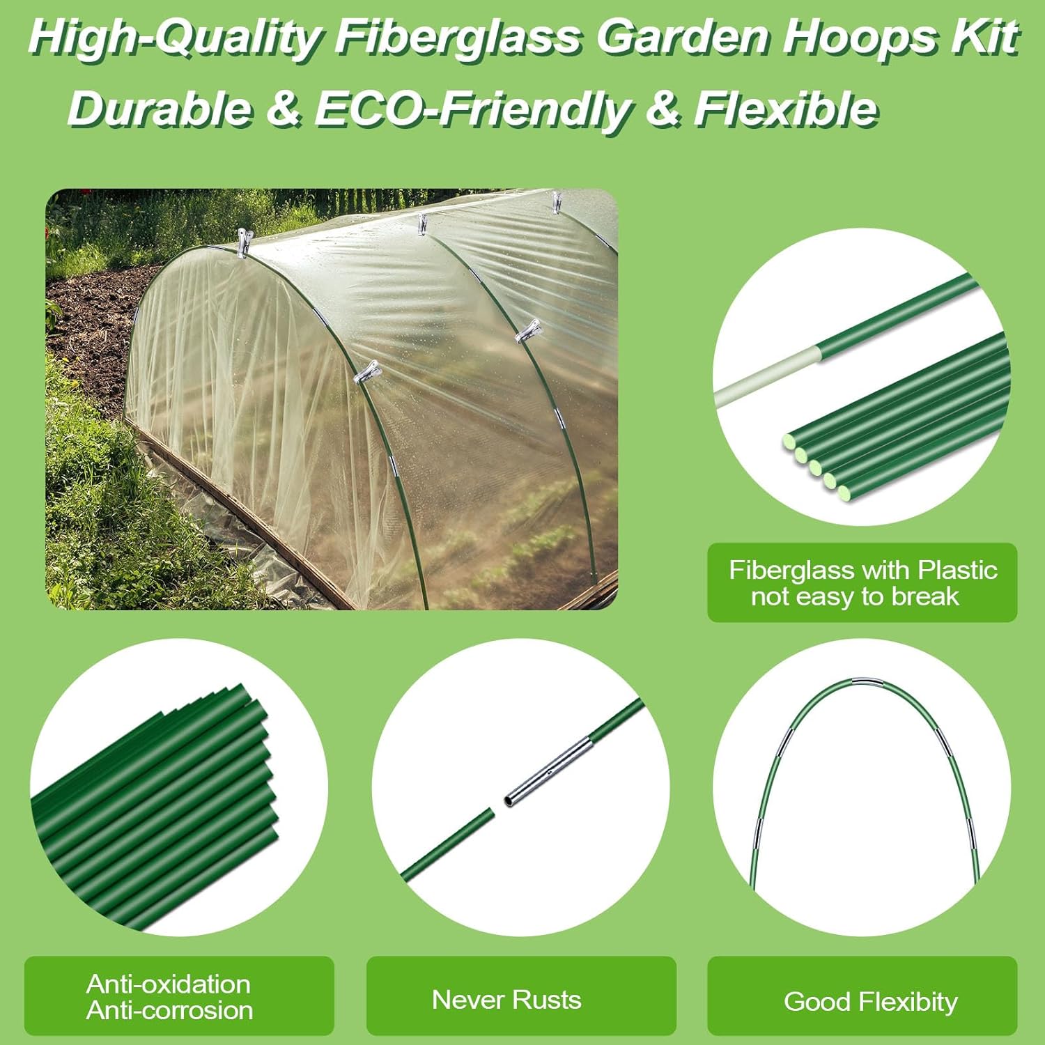 Garden Hoops Grow Tunnel, 6 Sets 8 FT Long Greenhouse Hoops for Raised Beds, Hoop House Outdoor, 36 Pcs Garden Tunnel Hoops for Row Garden Covers, Fiberglass Frame Plant Hoops for for Fabric Netting