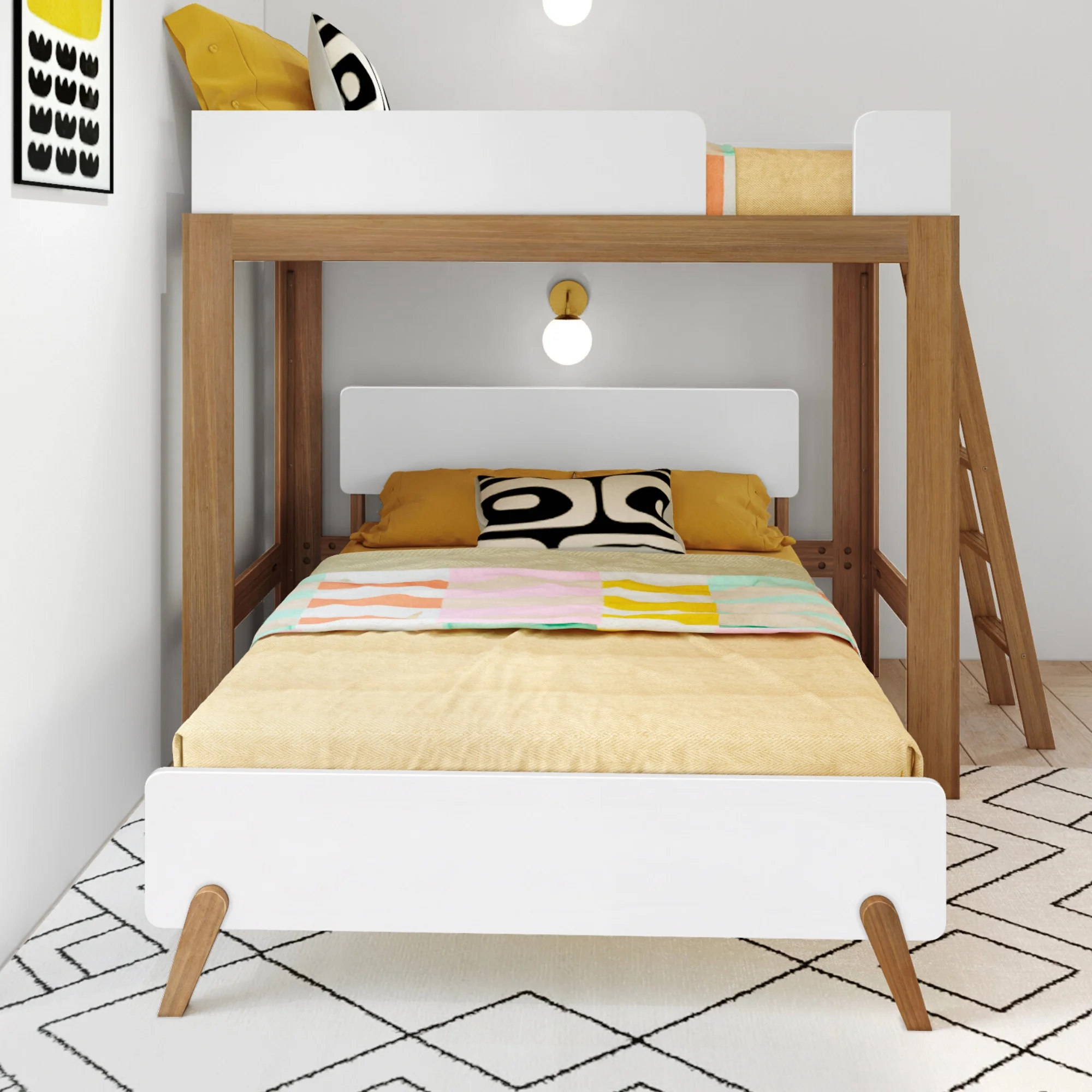 Max & Lily Twin over Full L-Shaped Bunk Bed, Mid-Century Modern Bunk Solid Wood Bunk for Kids, White/Pecan