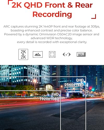 THINKWARE ARC Dash Cam with Smart Driving Alert System, 3X Energy Saving, 1440P+1440P Front and Rear, Wi-Fi, Super Night Vision, 24/7 Parking Mode (Free 32GB Card, Hardwiring, 12V Cable, GPS)
