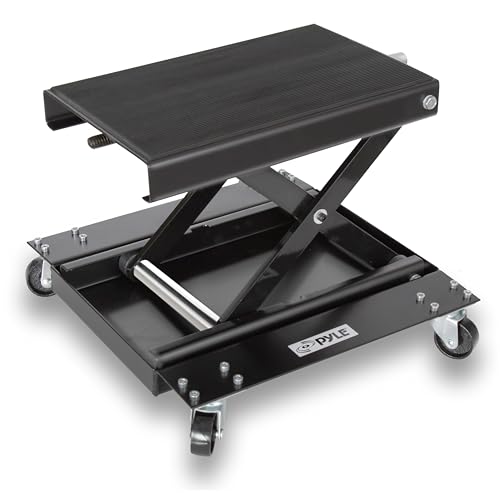 Pyle Motorcycle Lift, Scissor Jack, Dolly, Heavy Duty Steel, 1100 lbs Capacity, Black Powder Coat, Anti-Skid Rubber, Collapsible, Portable, Includes 4 Caster Wheels, Easy Storage, PLMOTJC11