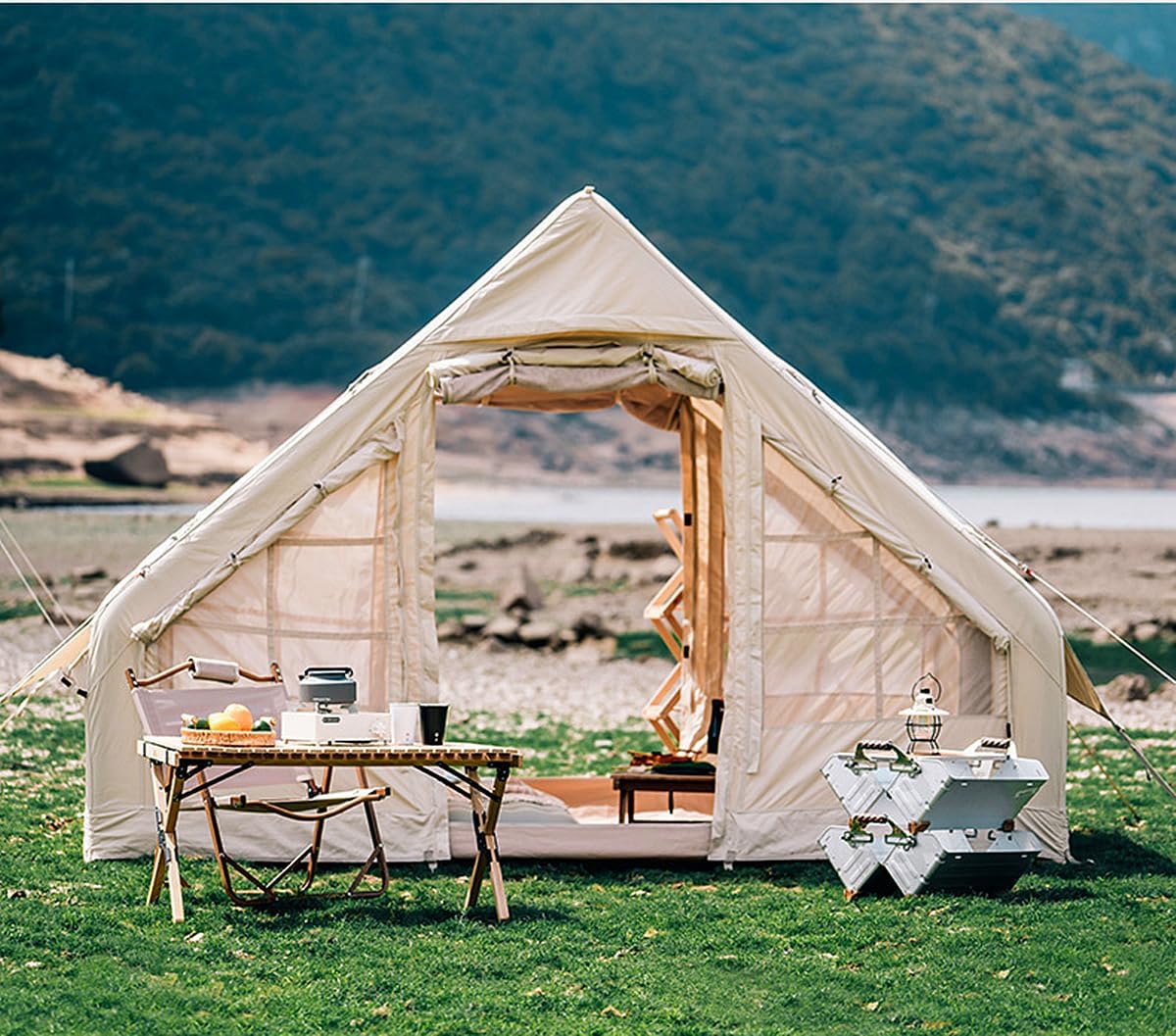 UNIISTRENGH Inflatable Camping Tent with Hand Pump, Air Glamping Tent, Easy Setup Waterproof Blow&Pop Up Tent with Privacy Screen,Stove Jack Hole and Carry Bag