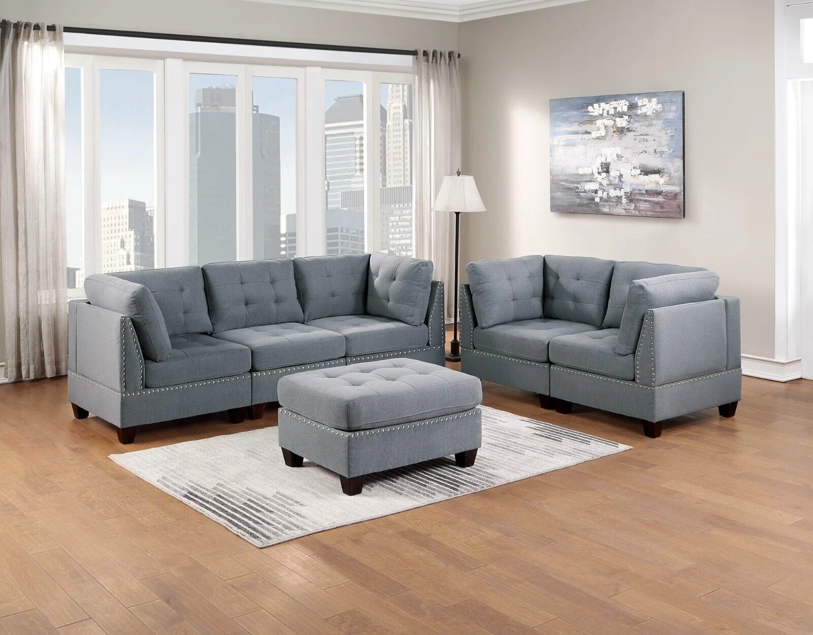 Classic Gray Fabric Tufted Cushion 6pcs Modular Set Sofa Loveseat 4x Corner Wedge Armless Chair Ottoman Plush Couch Living Room