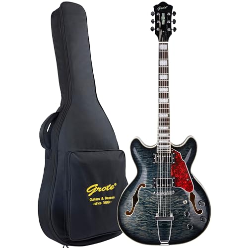 GROTE Jazz Electric Guitar Semi-Hollow Body Trapeze Tailpiece Bridge Guitar Gig Bag (Black)