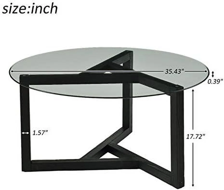 TJUNBOLIFE Modern Round Coffee Table  35" Glass Round Coffee Table  Easy Assembly Tempered Glass Coffee Table with Wood Frame for Living Room  Dining Room