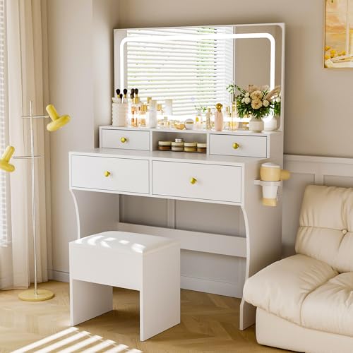 Pamapic Vanity Desk with Upgraded Silent Slides, 3-Piece Makeup Vanity with Movable Storage Cabinet, Golden Handles, 8 Drawers and 3 Lighting Modes Dressing Table with Lights and Charging Station