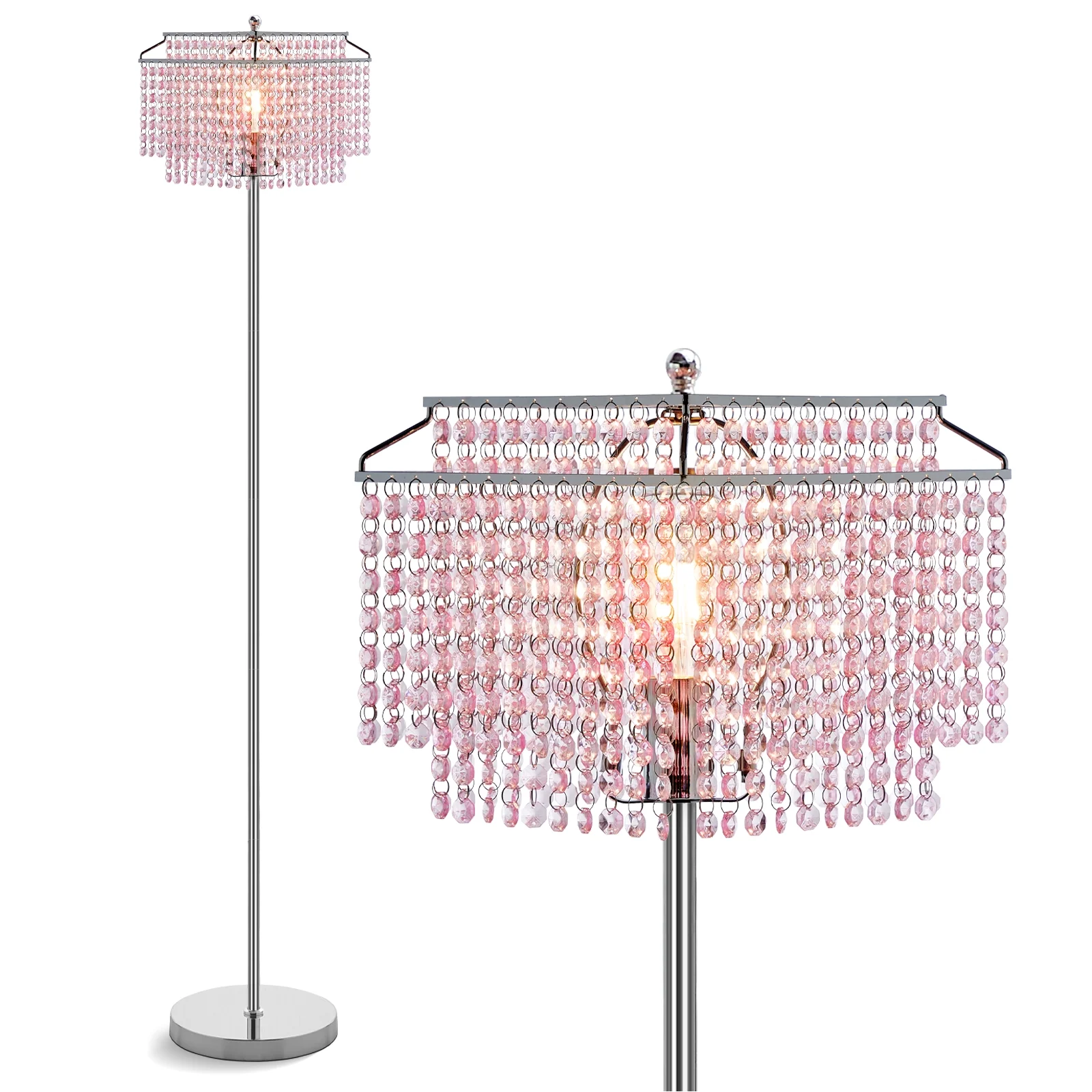 Natyswan Crystal Floor Lamp Pink, Double-Layer Crystal Shade, Metal Floor Lamp for Living Room, Bedroom, Office, 8W LED Bulb Included