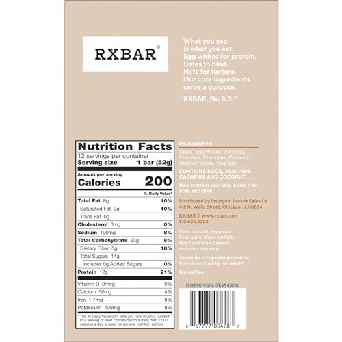 RXBAR Protein Bars, Protein Snack, Snack Bars, Coconut Chocolate, 22oz Box (12 Bars)