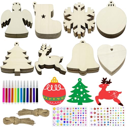 Apragaz 80 Pcs Wooden Christmas Ornaments for Crafts, 8 Styles Unfinished Wood Ornaments with Pens, Gem and Star Stickers, Blank Wood Christmas Tree Ornaments for DIY Craft Xmas Hanging Decoration