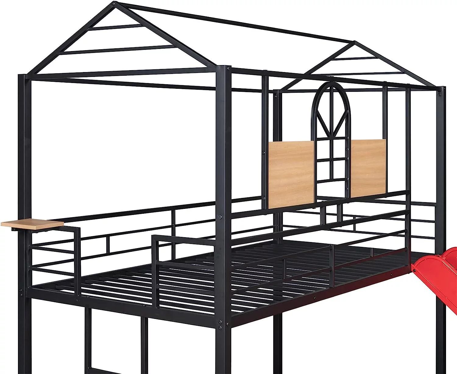 sell well Twin Over Twin Low Metal Bunk Bed with Red Slide  Black House Floor Bed Frame for Girls Boys  Teen  Adult Small Space Family  Each Bed Weight Capability  250+lb