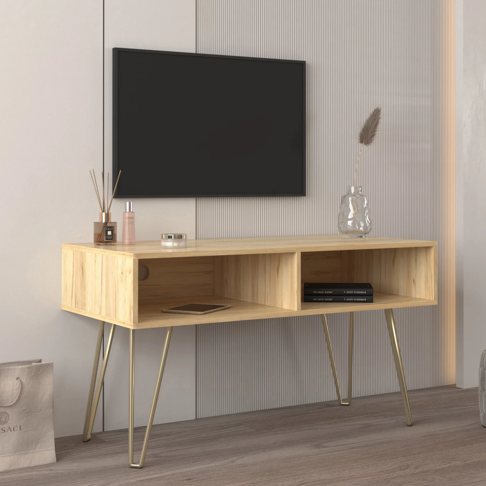 Oaks Aura Modern Design TV stand stable Metal Legs with 2 open shelves to put TV, DVD, router, books, and small ornaments