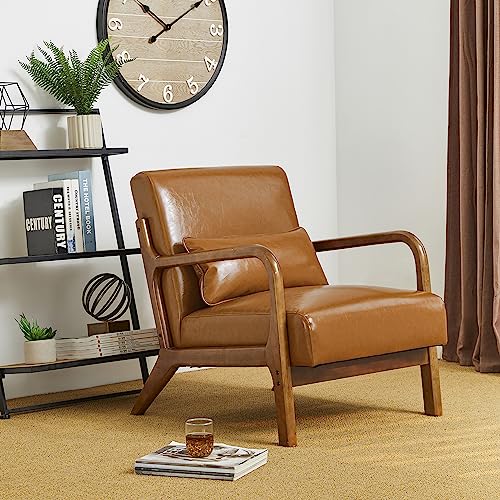 Glitzhome 2 Set Mid Century Black Accent Armchair, Single Reading Armchair PU Leather Lounge Chair with Walnut Ruberwood Frame