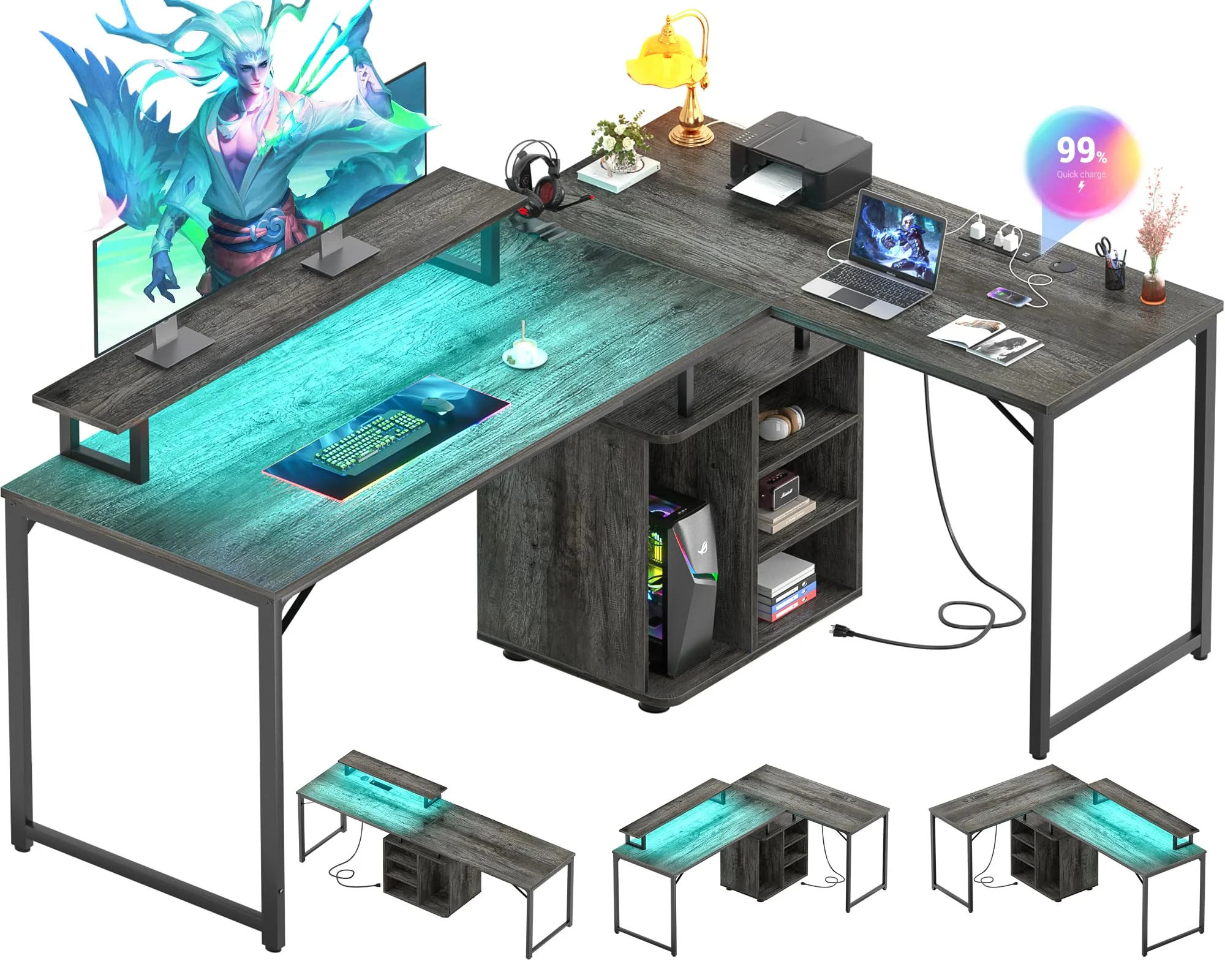 Homieasy L Shaped Computer Desk, 58'' Reversible Gaming Desk with LED Strip & Adjustable Monitor Stand, Office Desk with Cabinet & Outlets, Corner Desk 2 Person Writing Study Table, Black Oak