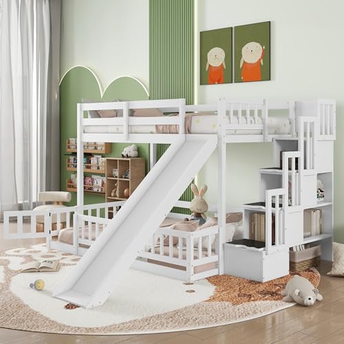 Twin Over Full Bunk Beds with Slide and Stairs, Low Bunk Bed Frame with Rails, Convertible Wood Bunk Bed with Storage Staircase for Kids Boys Girls, White