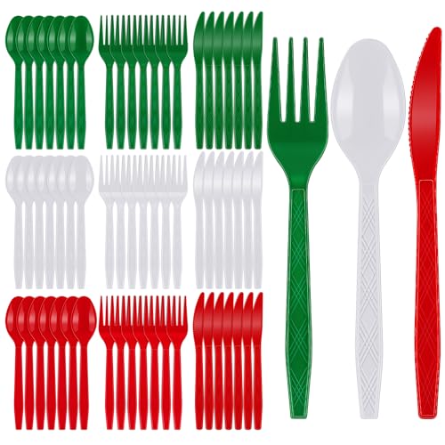360 Pcs Christmas Silverware Disposable Flatware Cutlery - Red, Green, White Forks, Knives and Spoons Set - Plastic Serving Silverware for Holiday Party Supplies