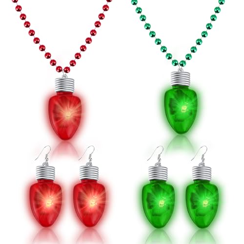 Hicarer 2 Pairs Light-up Bulb Earrings LED Bulb Christmas Earrings and 2 Pieces Bulb Necklaces Flashing Necklaces for Christmas Holiday Party Favors