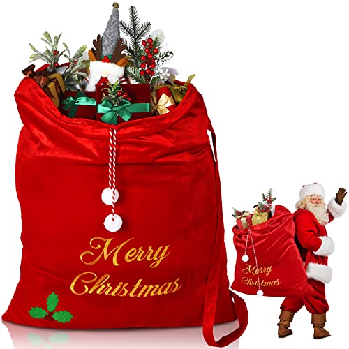 WILLBOND Christmas Burgundy Large Santa Drawstring Bags 36 x 30 Inch Jumbo Velvet Santa Bag Christmas Extra Large Gift Bags for Xmas Gift Stuffer Package Supplies