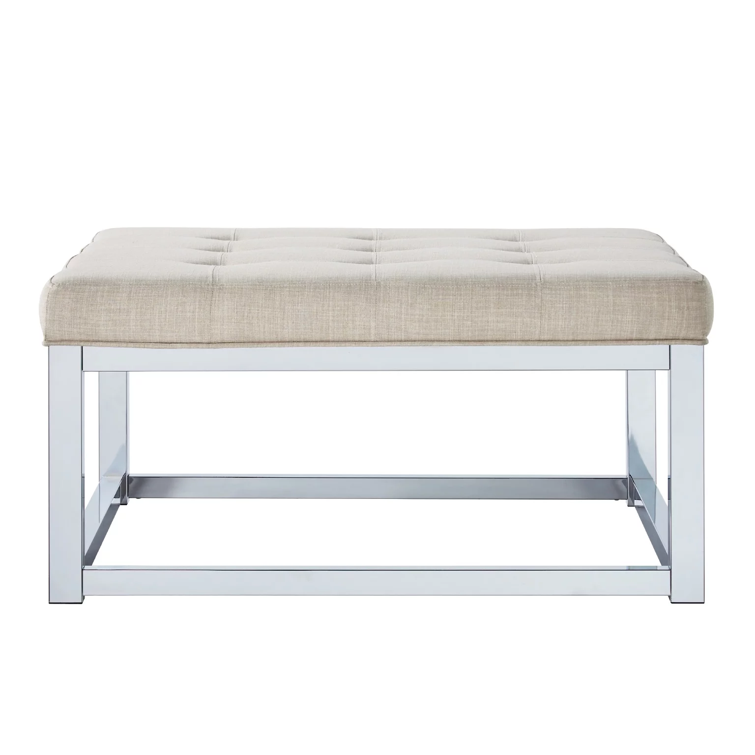 Weston Home Libby Dimpled Tufted Cushion Ottoman Coffee Table with Chrome Metal Straight Base, Beige Linen