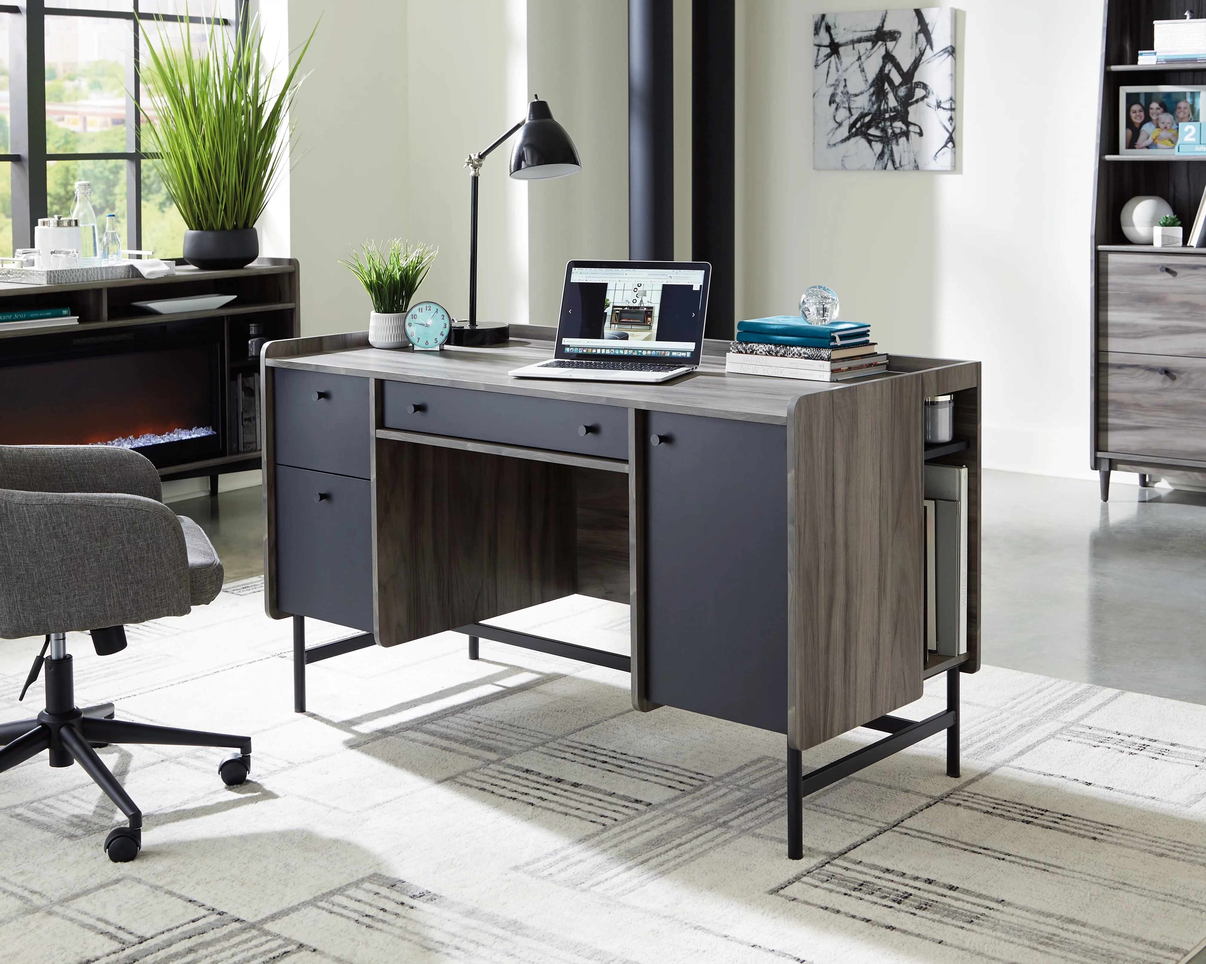Sauder Harvey Park Double Pedestal Home Office Desk with Storage, Jet Acacia Finish