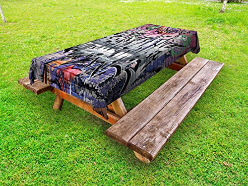Ambesonne Brick Wall Outdoor Tablecloth, Graffiti Grunge Art Wall Several Creepy Underground City Urban Landscape Print, Decorative Washable Picnic Table Cloth, 58