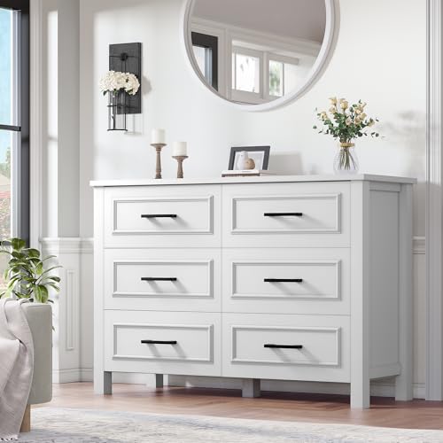 YITAHOME 6-Drawer Dresser with Built-in Power Outlet, Wood Dresser TV Stand with 6 Large Drawers and Bar Handles, White Dresser Chest of Drawers for Living Room, Hallway, Entryway