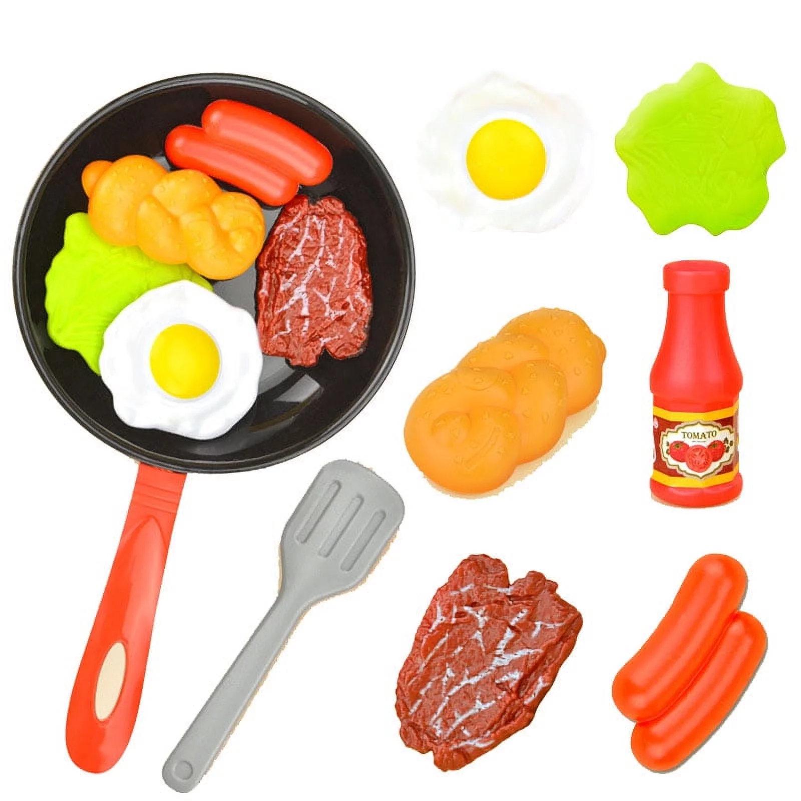 CJUAN 8Pcs Kitchen Food Toys, Play Food for Kids Kitchen - Simulation Kitchenware Play Set Pretend Play Pot Steak Vegetable Bread Hot Dog Omelette Children Girl Toy
