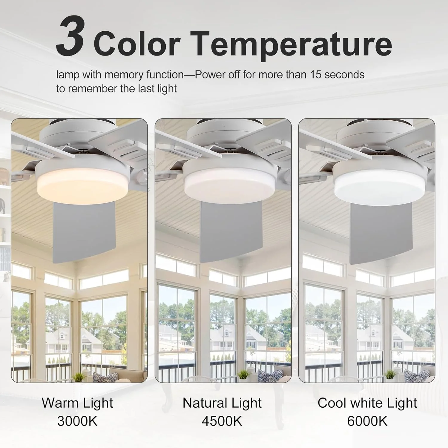 52 Inch Dual Color with Light and ,Modern 5 Blades Quiet Reversible DC Motor s for Outdoor Indoor Living Room Bedroom
