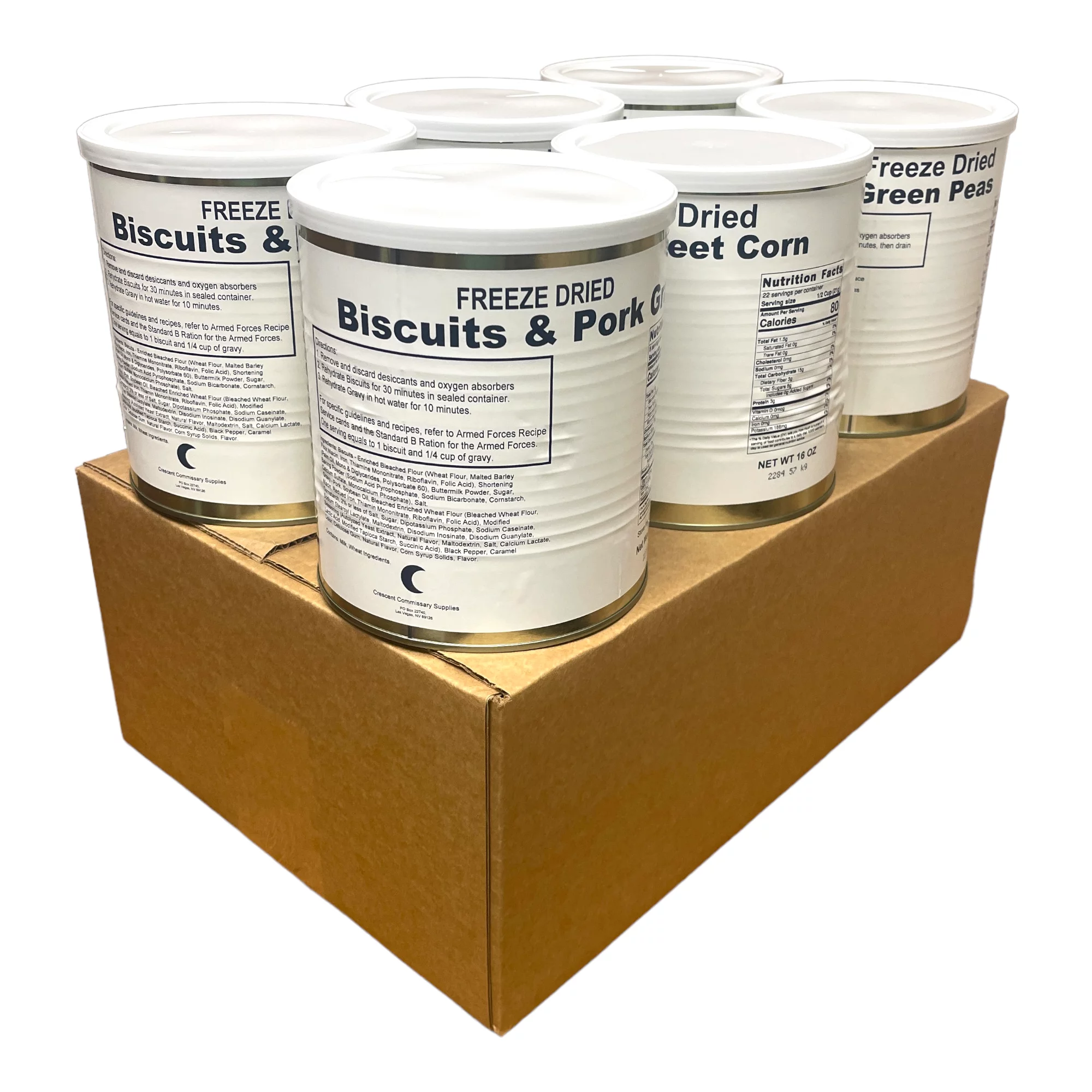 Military Surplus Freeze Dried Holiday Variety Long Term Food Storage and Emergency Preparedness Kits |Survival & Emergency Food | 6 Cans Per Case (2 Cans Biscuits and Gravy, 2 Cans Corn, 2 Cans Peas)