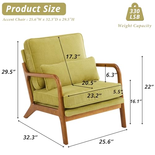 Karl home Mid-Century Modern Accent Chair, Living Room Chairs with Pillow Corduroy Upholstered Lounge Armchair with Solid Wood Frame & Soft Cushion for Bedroom, Reading Room, Green