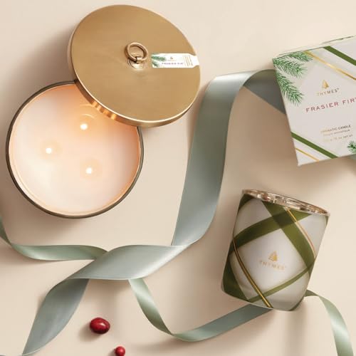 Thymes Frasier Fir Candle – Frosted Plaid Jar Candles – Green & White Candle Jar Design – Scented Candles with Notes of Siberian Fir, Cedarwood & Sandalwood – Holiday Candles (6.5 oz)