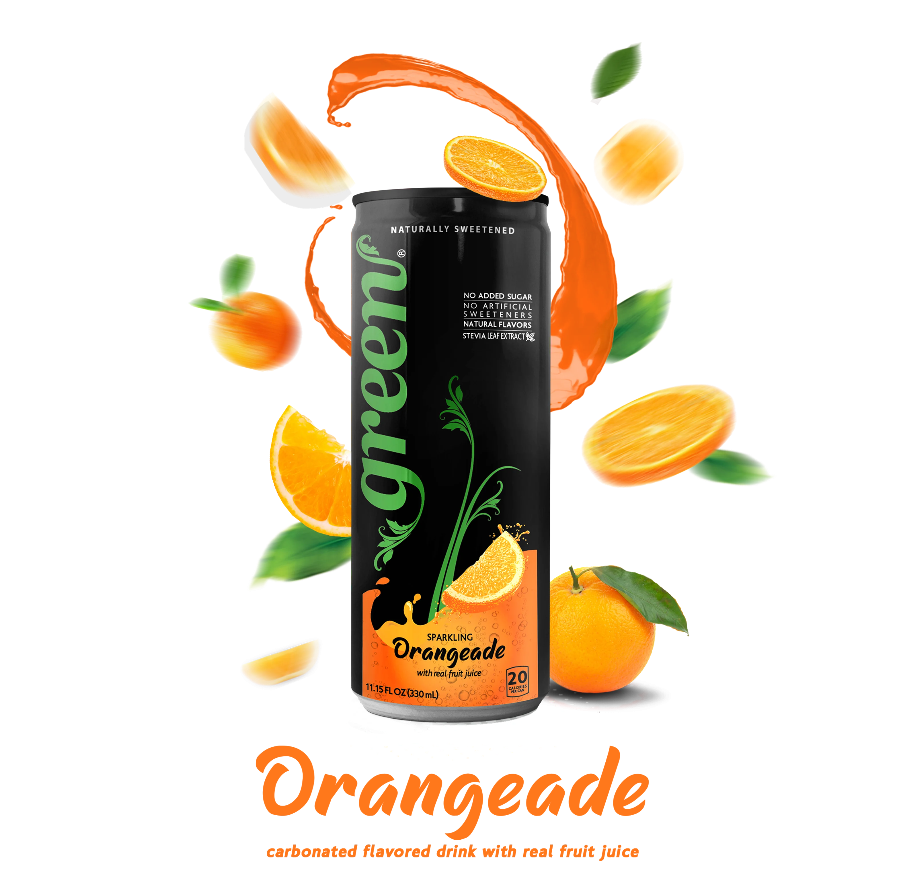 Green Orangeade - No Added Sugar, 10% Real Orange Juice, 20 Calories, Naturally Sweetened with 100% Stevia Leaf Extract, Carbonated Soda, Product Net Content Quantity: 11.15 fl oz Each Can Pack Of 4