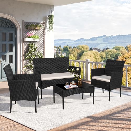 Shintenchi 4 Piece Outdoor Patio Furniture Sets, Small Wicker Patio Conversation Furniture Rattan Chair Set with Tempered Glass Coffee Table for Backyard Porch Garden Poolside Balcony