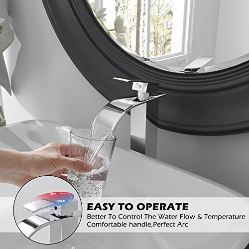 BWE Vessel Sink Faucet Modern Waterfall Chrome Single Hole Bathroom Faucet Single Handle with Pop up Drain Without Overflow Assembly Vanity Basin Bath Sink Faucets Mixer Tap