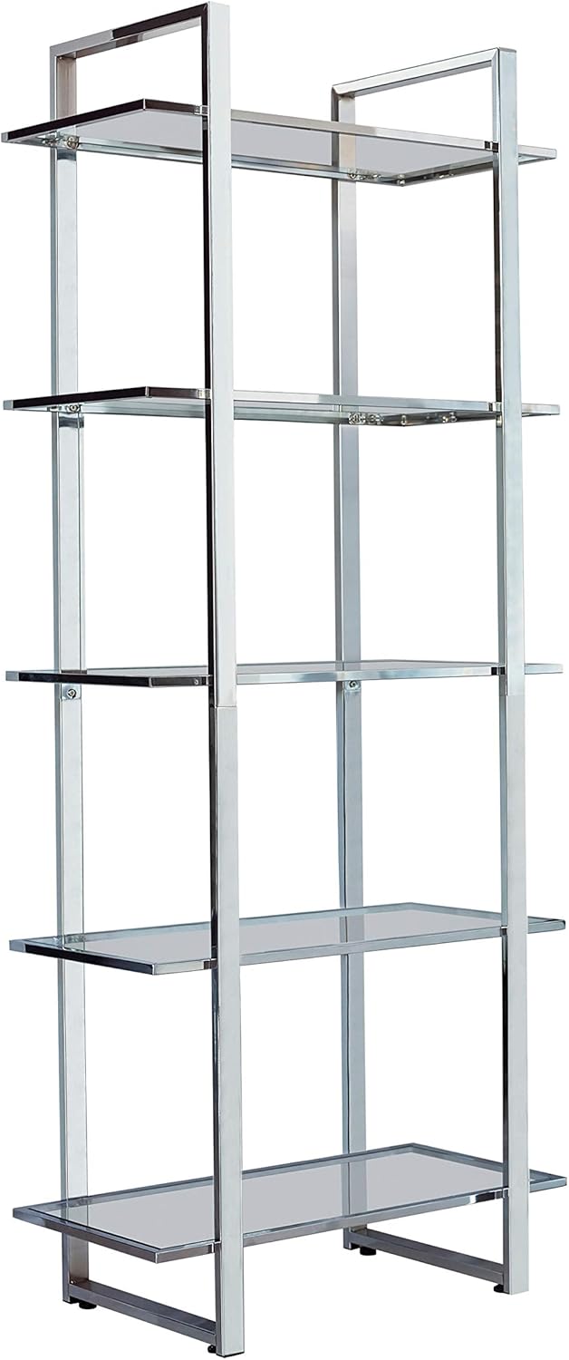 Coaster Home Furnishings Hartford Glass Shelf Bookcase Chrome Open Shelves, Silver