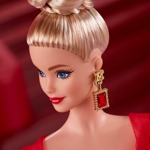 Barbie Signature Doll, Mattel 80th Anniversary Collectible in Glittery Red Tulle Gown with Drop Earrings and Sheer Gloves, Blonde Hair