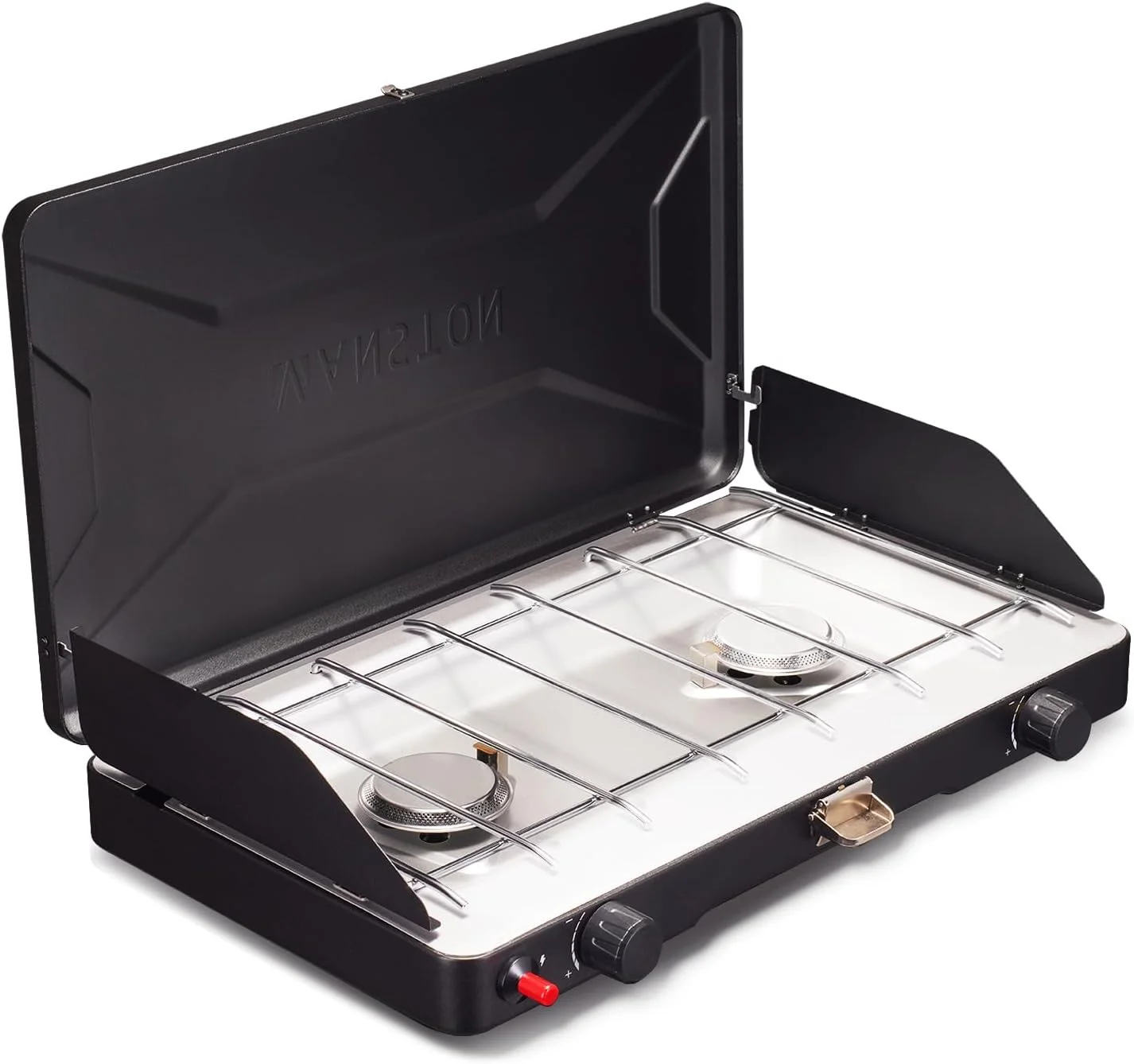 VANSTON 2-Burner Propane Camping Stove, 20,000 Total BTUs Portable Gas Camping Grill, Stovetop with Adjustable Burners, Wind Guards, Heavy-Duty Latch, Built-in Carrying Handle, Pressure regulator