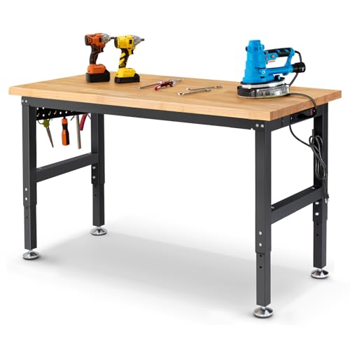 Workbench for Garage 48 Inch Work Bench Table Adjustable Height Rubberwood Tabletop Work Table with Power Outlets for Woodworking Shop Home Office Electronic Cutting Wood