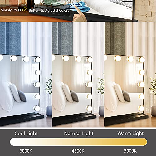 Depuley Hollywood Vanity Mirror Light, 20In Makeup Lighted Vanity Mirror, USB Outlet for Mobile Phone, 3 Color Dimmable Modes Beauty Mirror with Removable Magnification for Tabletop, Black