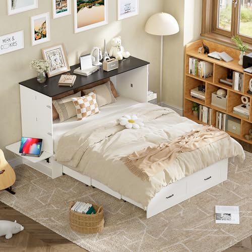 PAKASEPT Queen Murphy Bed - Murphy Cabinet with Storage & Charging Station, Farmhouse Bed Frame with Foldable Panel and Hidden Space, for Living Room, Guest Bedroom